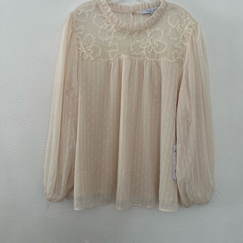Sweet Rain Sheer Swiss Dot Lace Yoke Blouse - Cream. new Size XXL